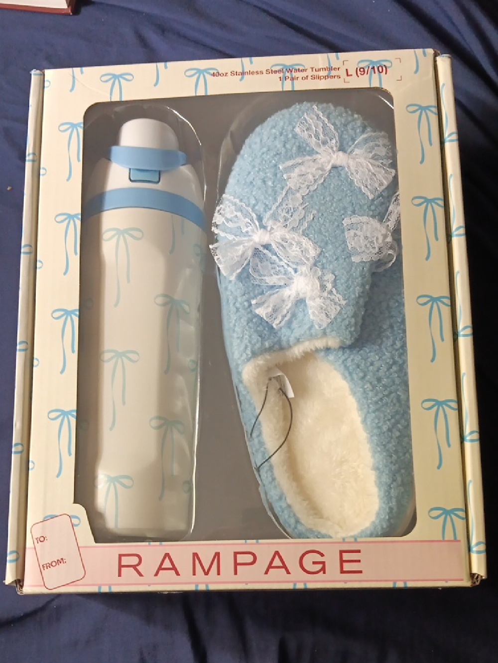 Rampage Light Blue Slipper and White Stainless Tumbler Gift Set